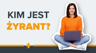 Uśmiechnięta kobieta w pomarańczowym swetrze siedząca po turecku z laptopem i napisem ‘Kim jest żyrant?’